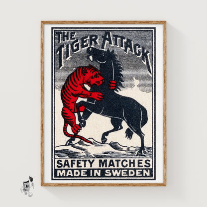 Tiger Attacking Horse - vintage matchbox label print