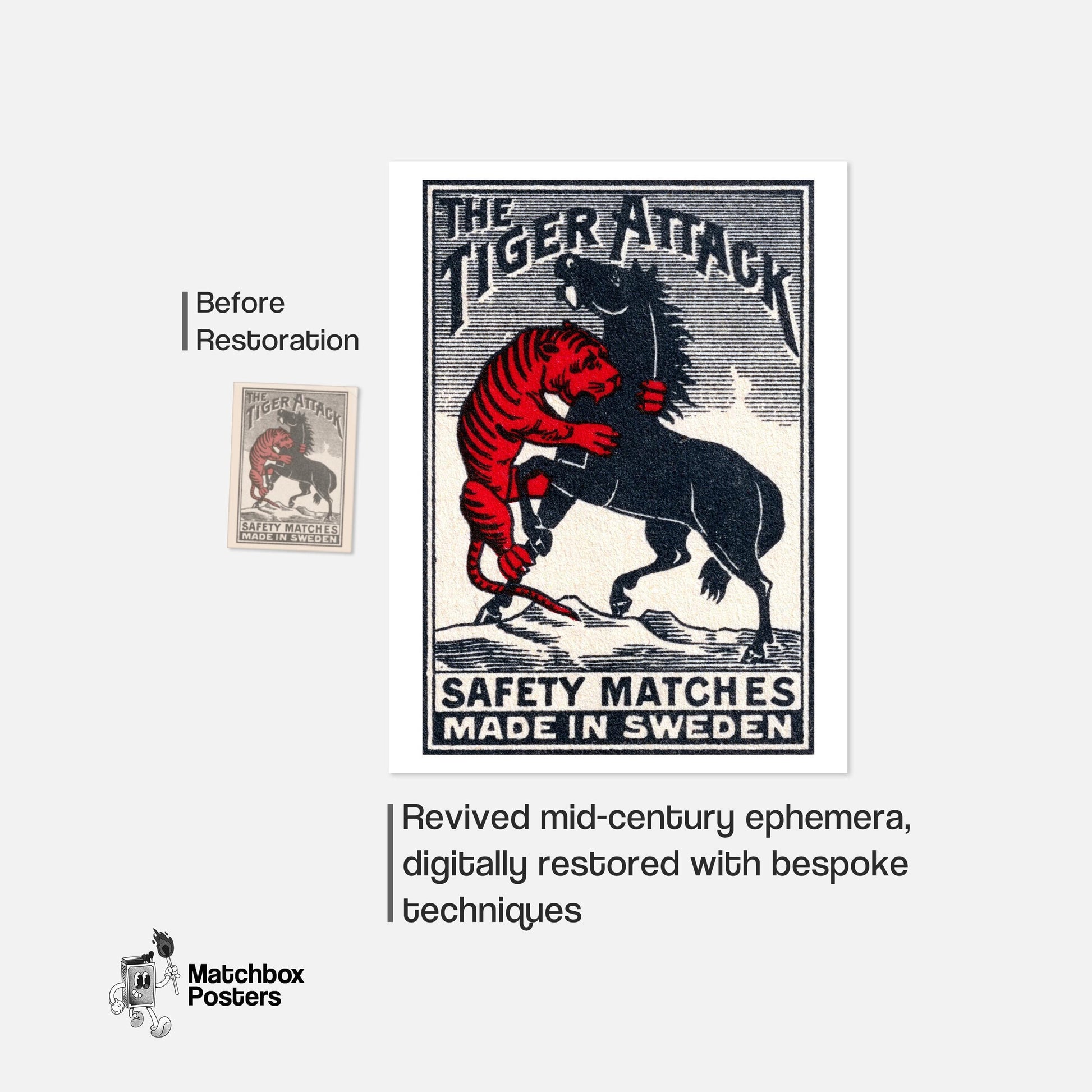 Tiger Attacking Horse - vintage matchbox label print - framed wall art preview