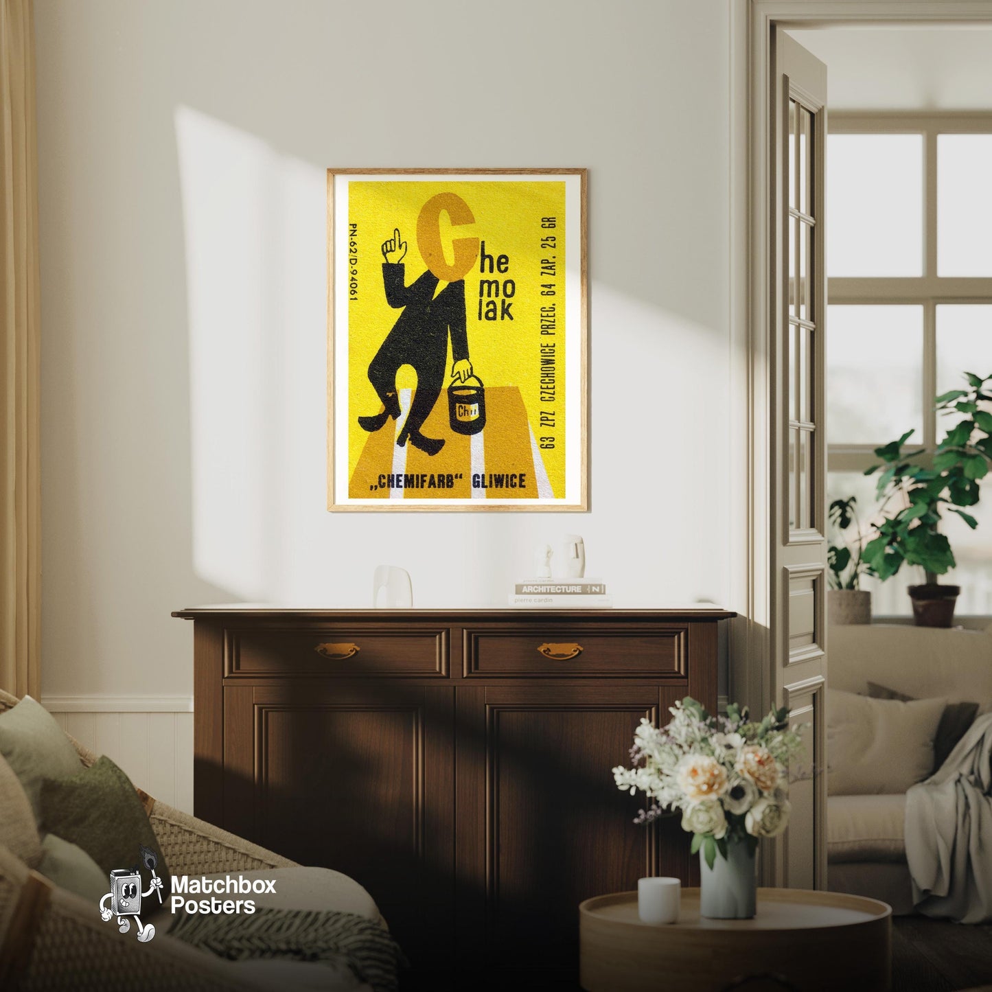 Silhouette Of A Person Holding A Paint Can - vintage matchbox label print - living room mockup