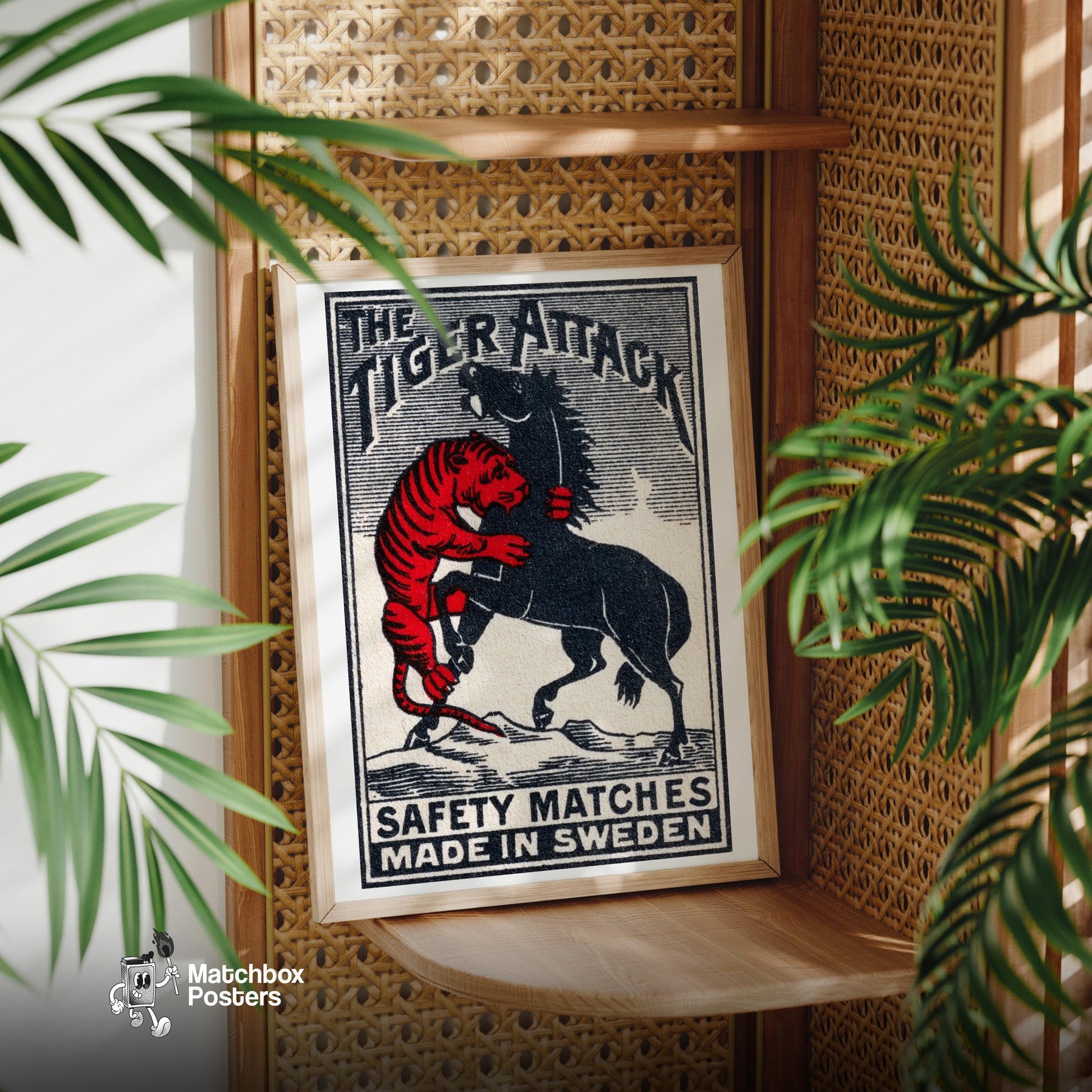 Tiger Attacking Horse - vintage matchbox label print - office wall