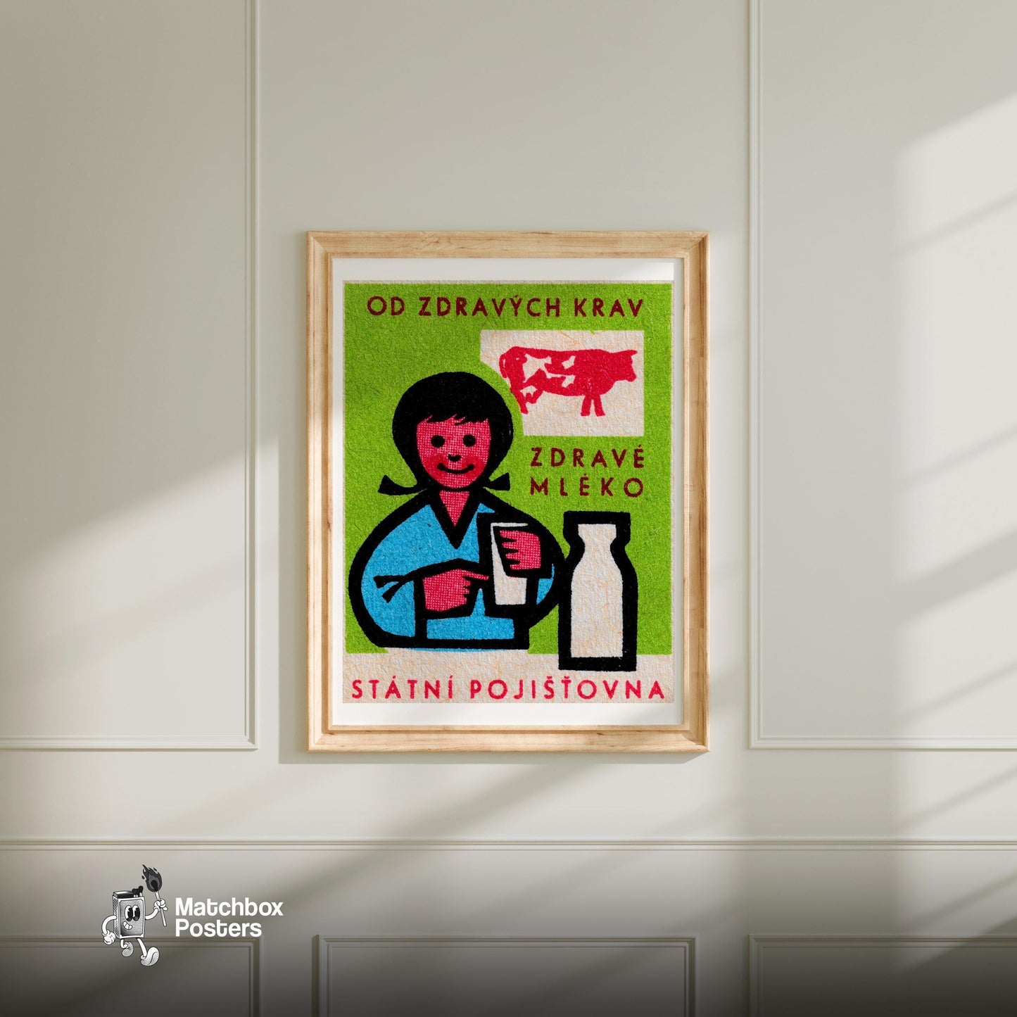 Child with Milk - vintage matchbox label print - living room mockup