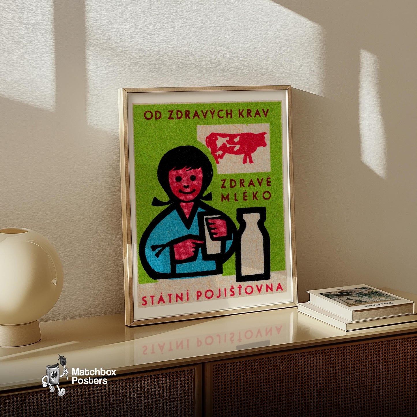 Child with Milk - vintage matchbox label print - bedroom mockup