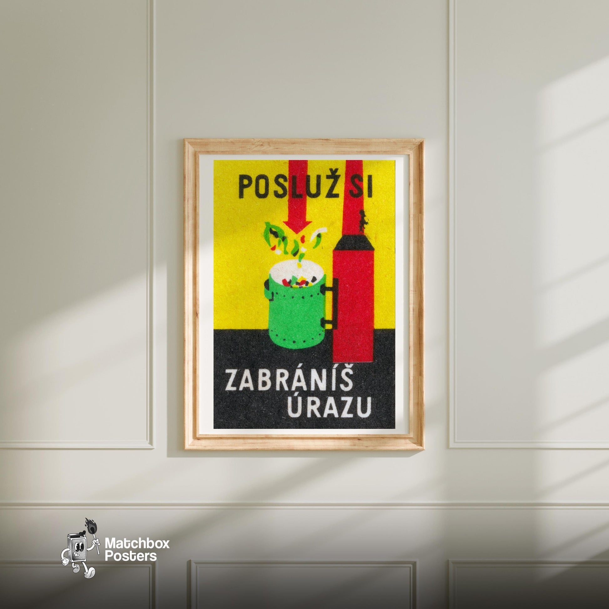 Put Trash in the Bin - vintage matchbox label print - bedroom mockup