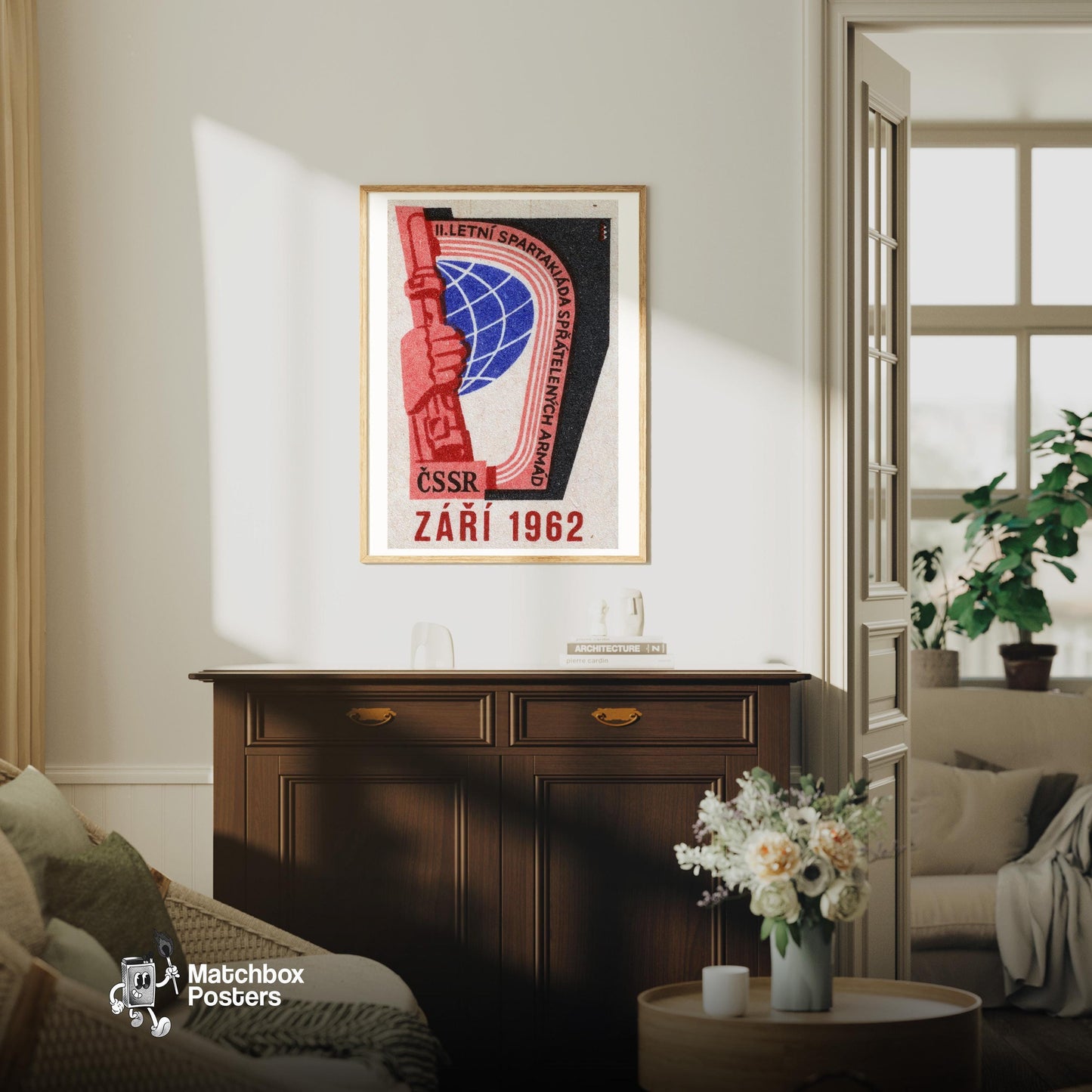 Spartakiad Torch - vintage matchbox label print - living room mockup