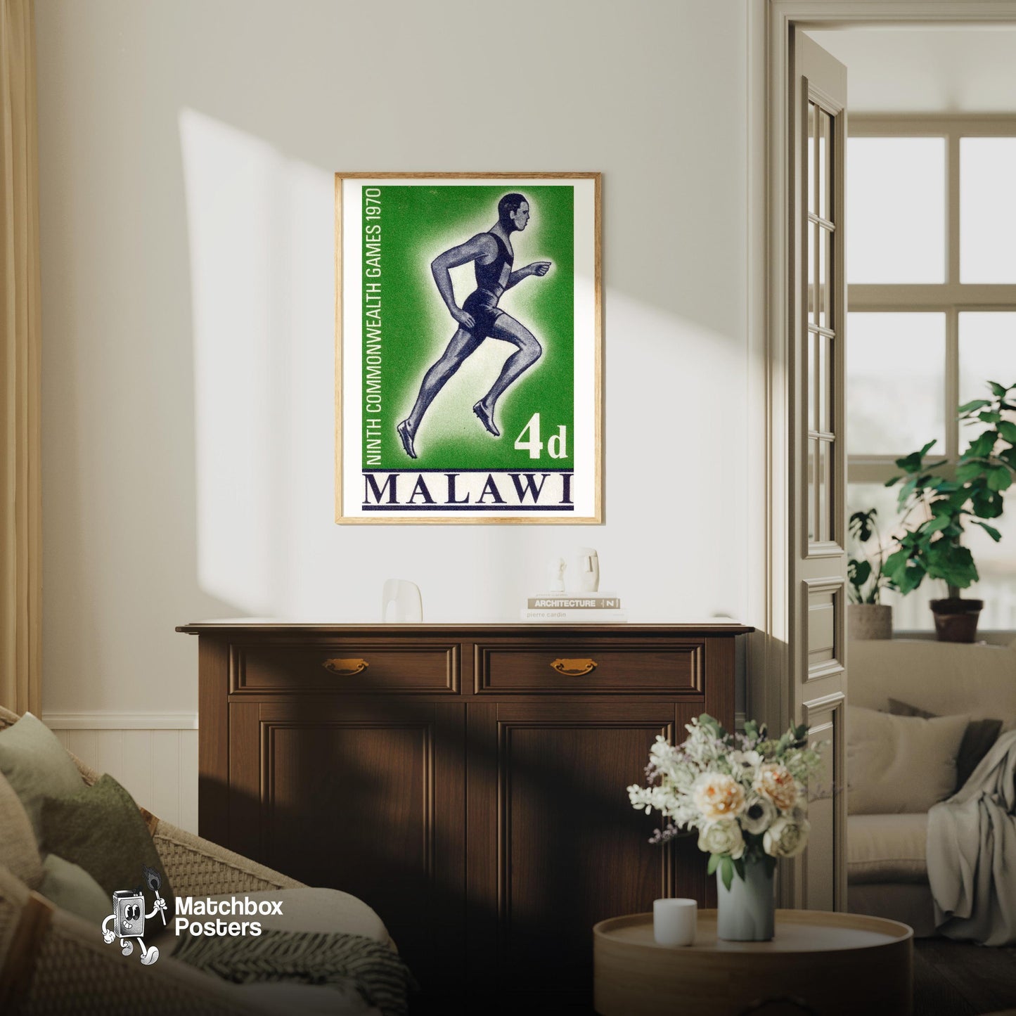 Running Athlete - vintage matchbox label print - living room mockup