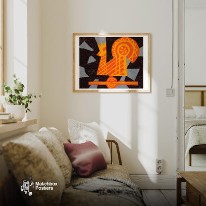 Orange Folk Bird - vintage matchbox label print - living room mockup