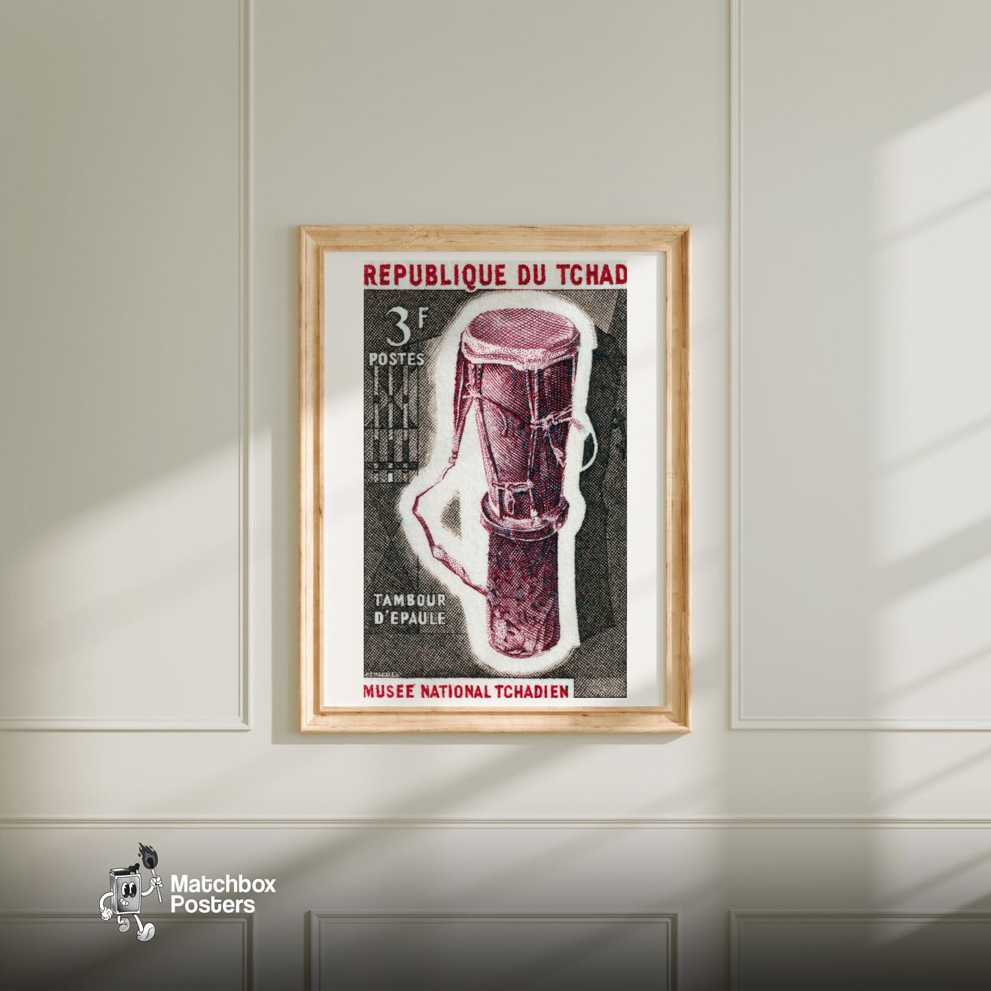 Illustration Of A Traditional Drum Republique du Tchad - vintage matchbox label print - bedroom mockup