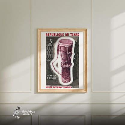 Illustration Of A Traditional Drum Republique du Tchad - vintage matchbox label print - bedroom mockup