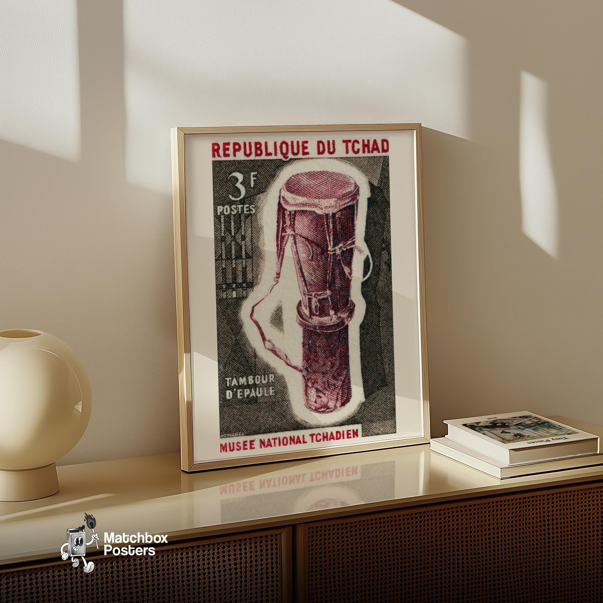 Illustration Of A Traditional Drum Republique du Tchad - vintage matchbox label print - size comparison