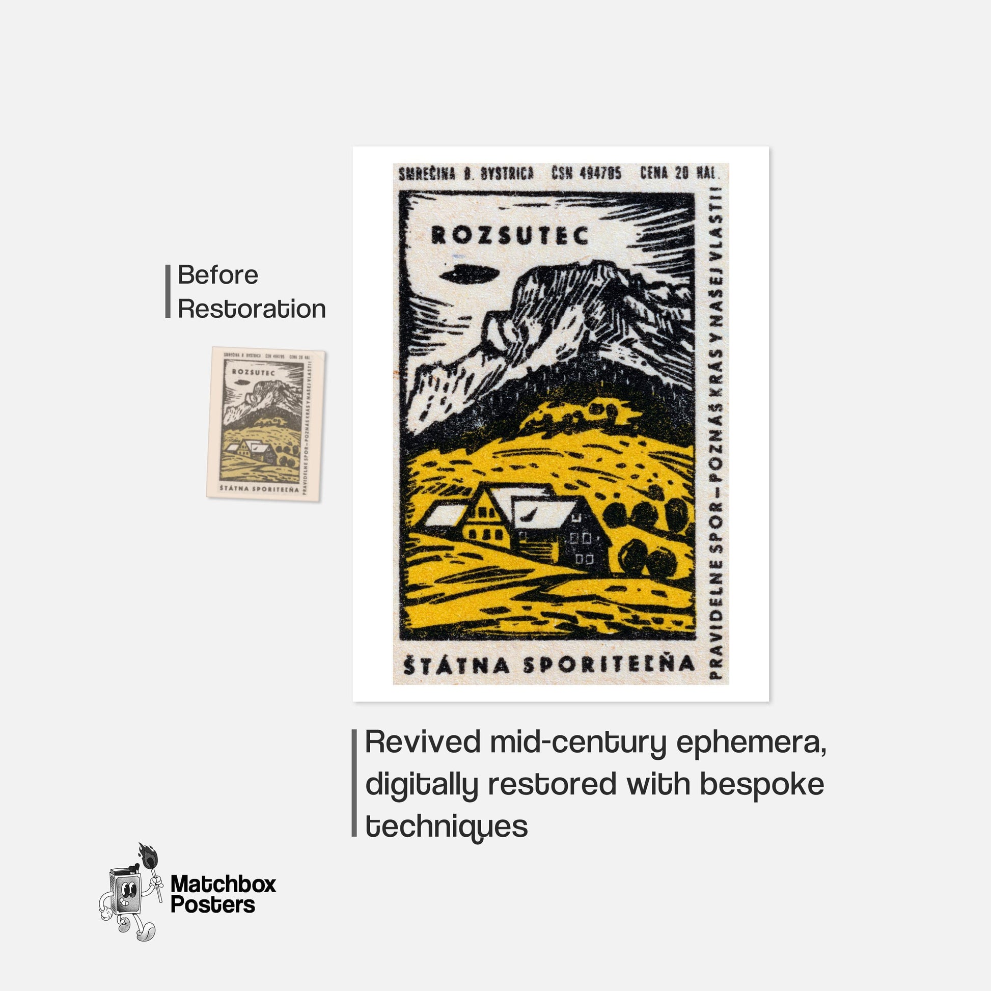 Yellow Cabin - vintage matchbox label print - framed wall art preview