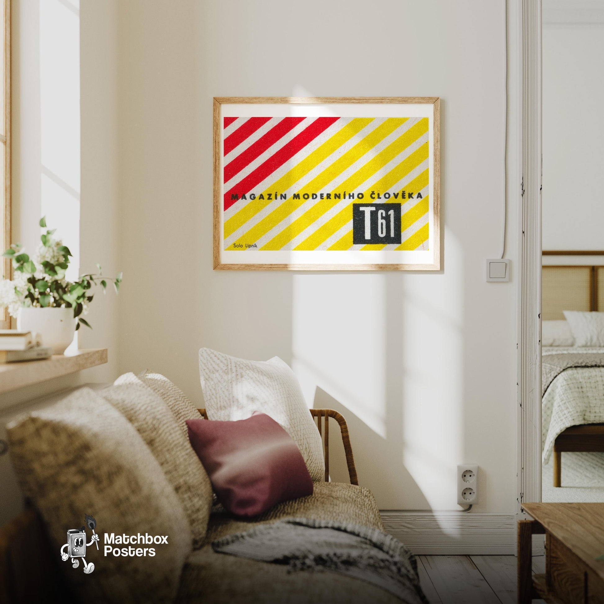 Modern Man Magazine - vintage matchbox label print - living room mockup