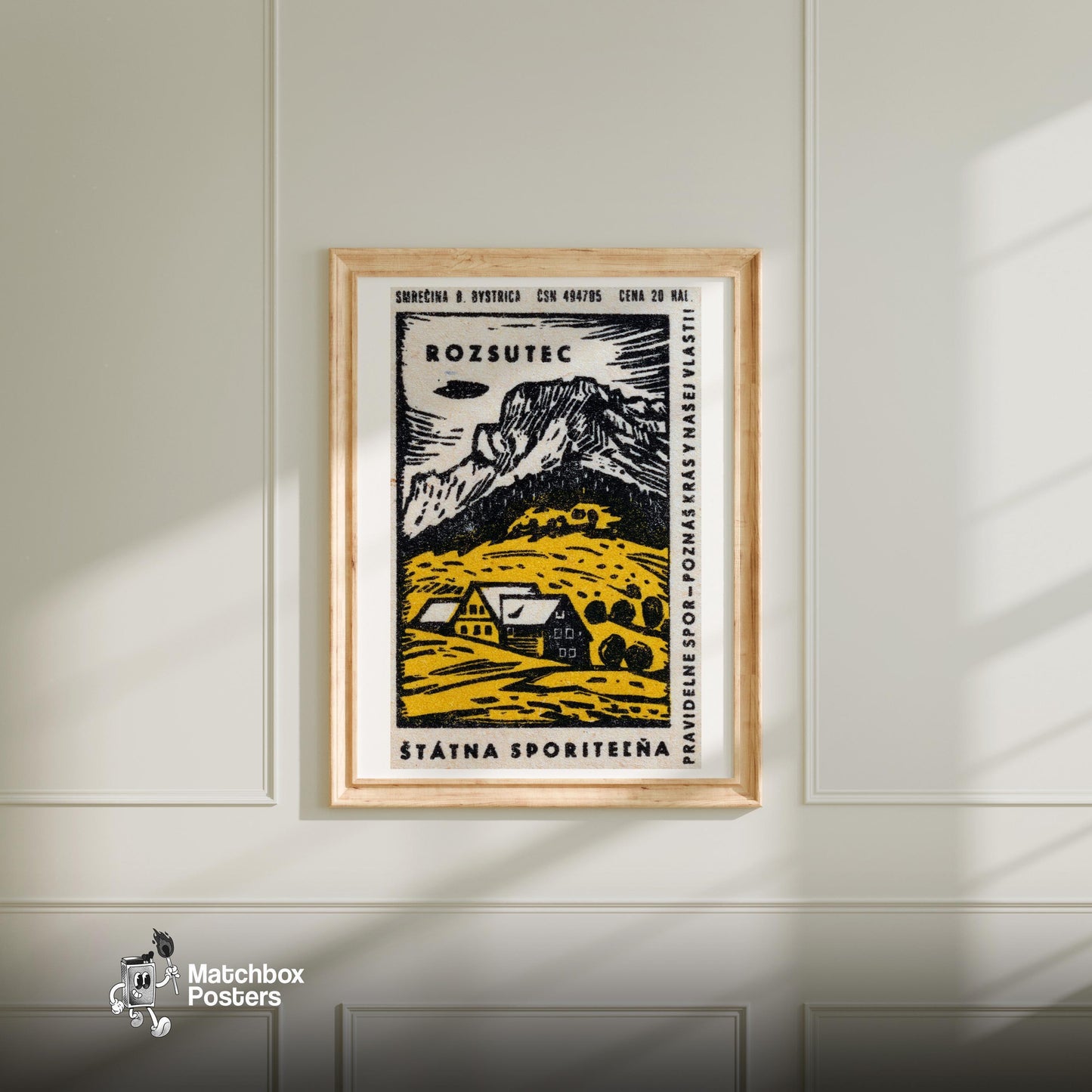 Yellow Cabin - vintage matchbox label print - bedroom mockup