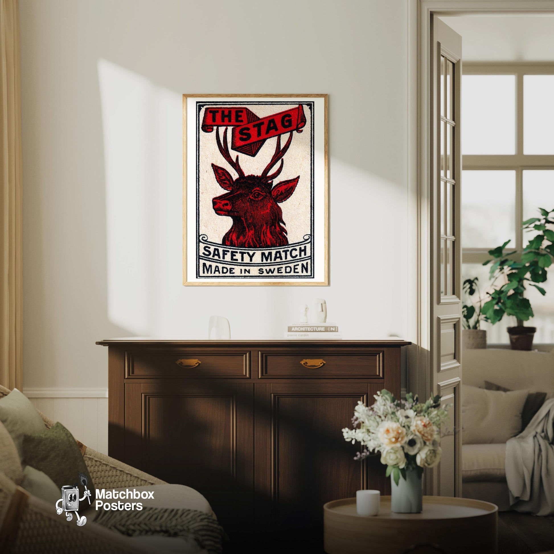 Red Stag - vintage matchbox label print - living room mockup