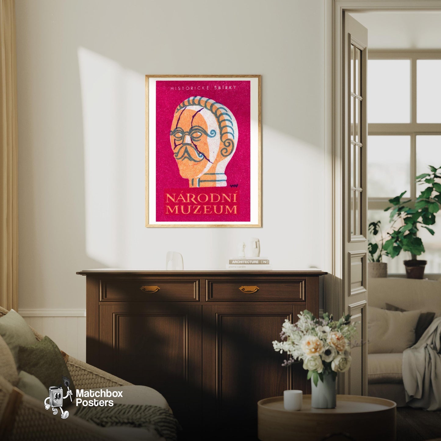 Narodni Museum Statue - vintage matchbox label print - living room mockup
