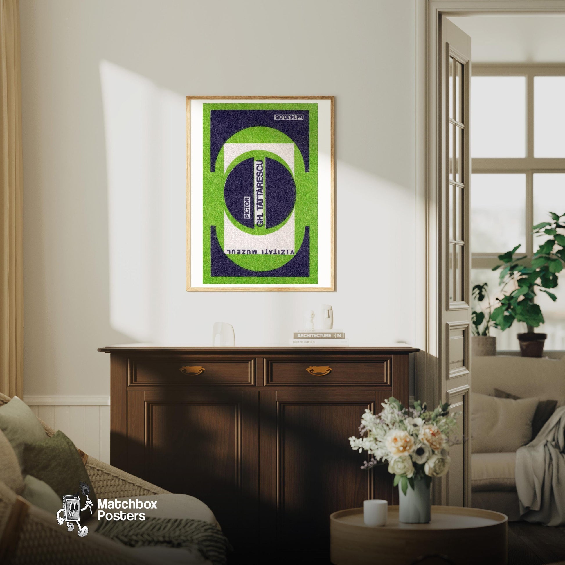 Visit The Museum - vintage matchbox label print - living room mockup