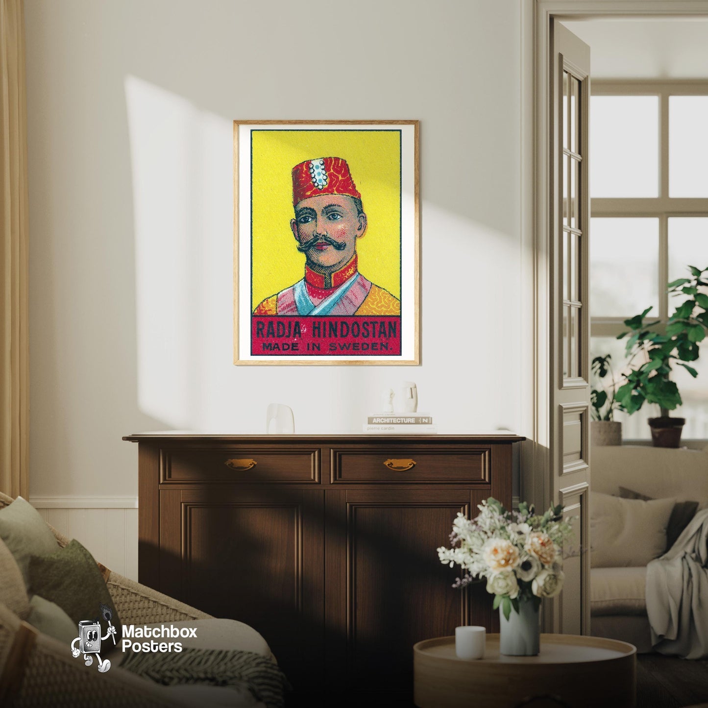 Radja Hindostan Man - vintage matchbox label print - living room mockup