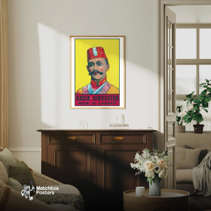 Radja Hindostan Man - vintage matchbox label print - living room mockup