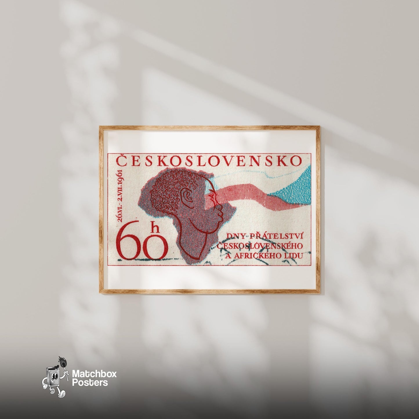 Czech International Aid - vintage matchbox label print - bedroom mockup
