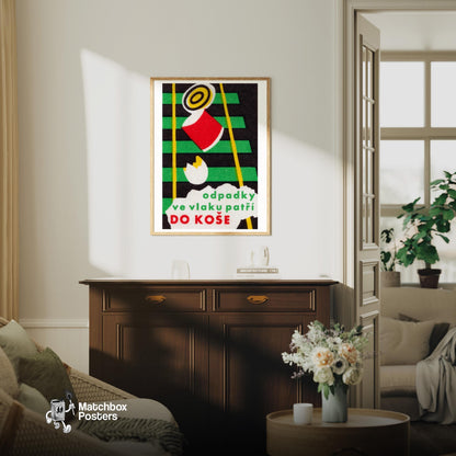Trash on Train Tracks - vintage matchbox label print - living room mockup