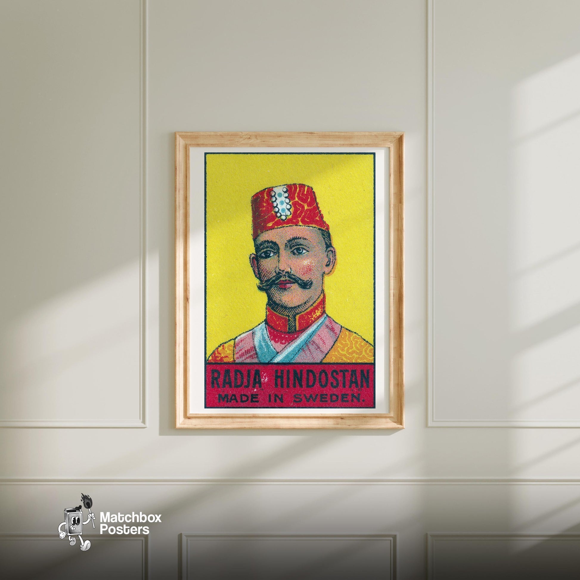 Radja Hindostan Man - vintage matchbox label print - bedroom mockup