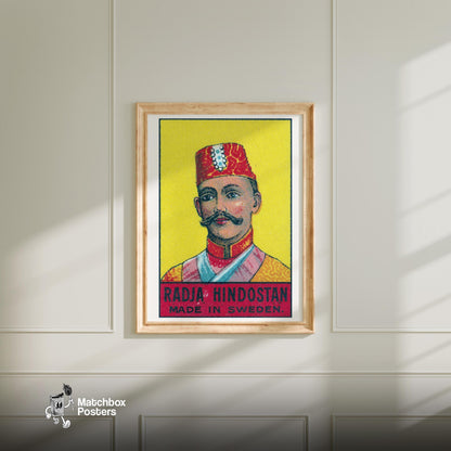 Radja Hindostan Man - vintage matchbox label print - bedroom mockup
