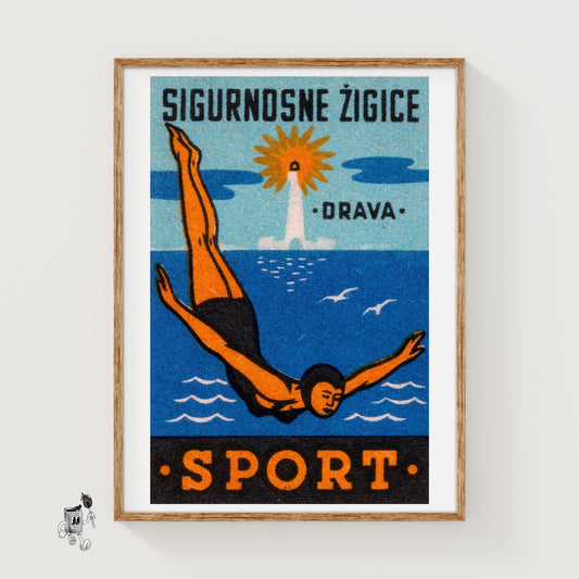 Diver - vintage matchbox label print