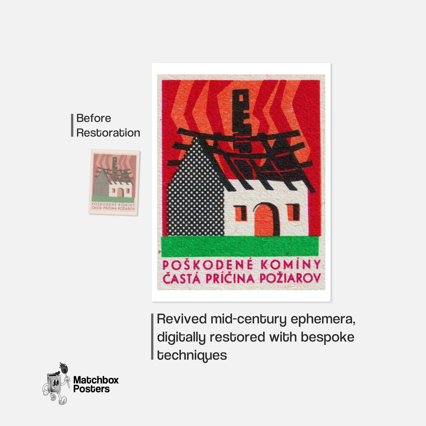 Burning House - vintage matchbox label print - framed wall art preview