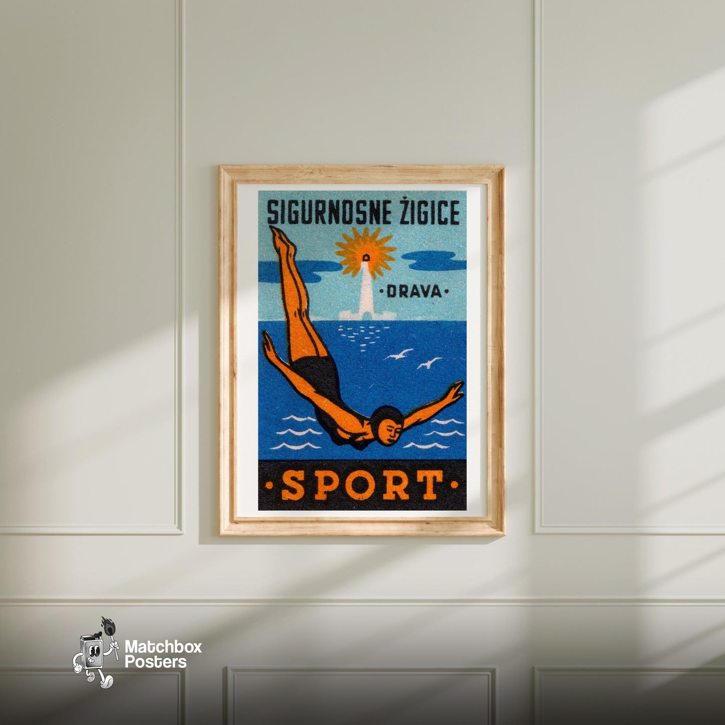 Diver - vintage matchbox label print - bedroom mockup