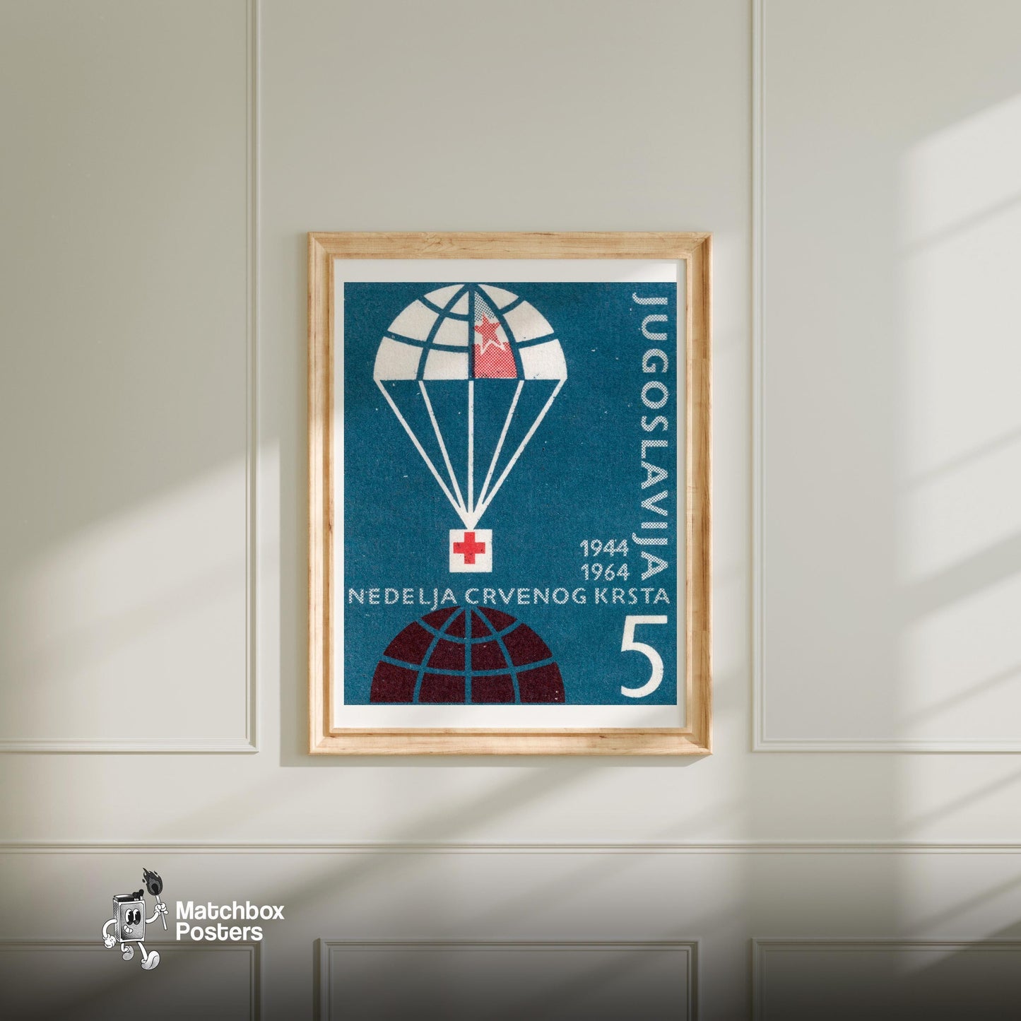 Parachute Red Cross - vintage matchbox label print - bedroom mockup