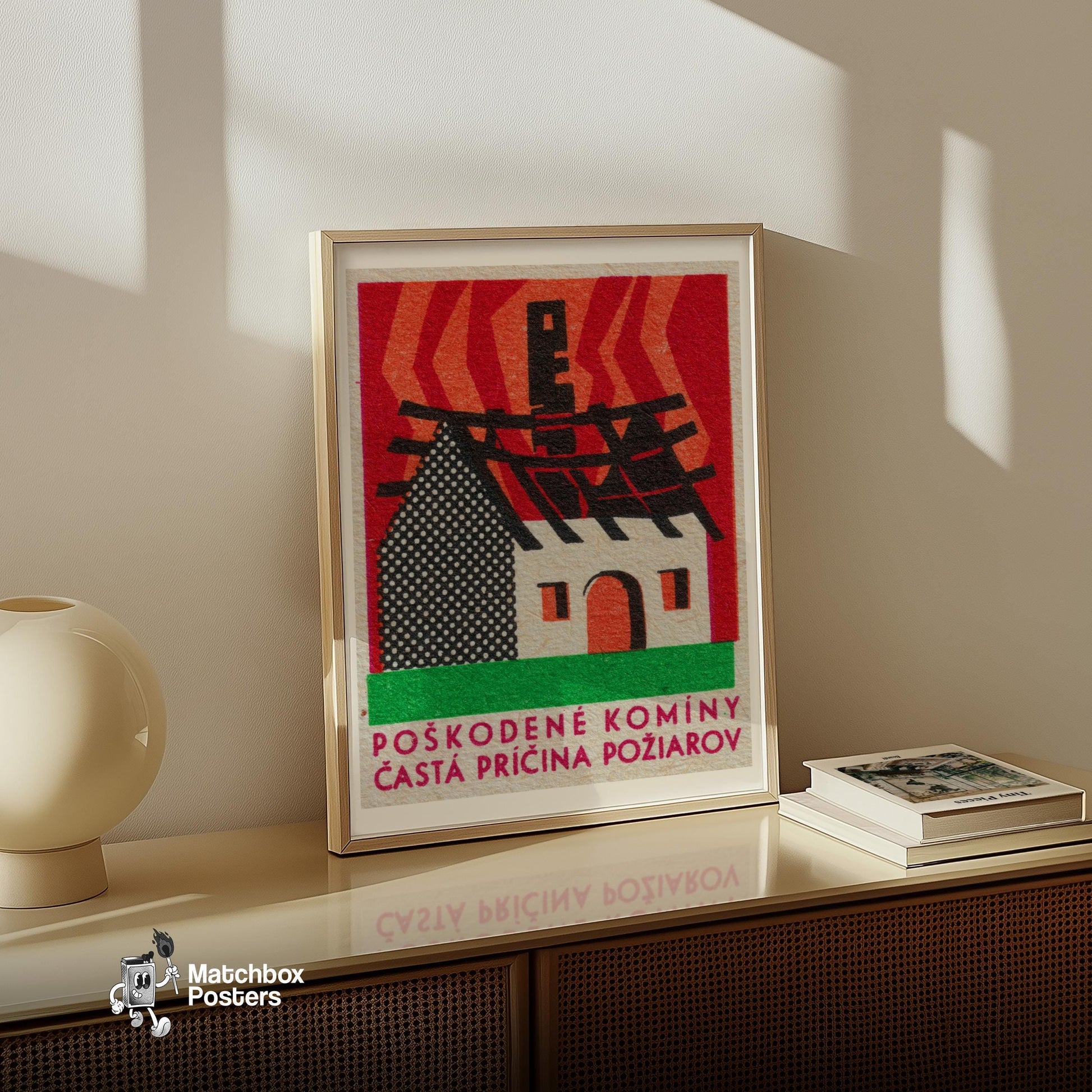 Burning House - vintage matchbox label print - size comparison