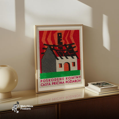 Burning House - vintage matchbox label print - size comparison