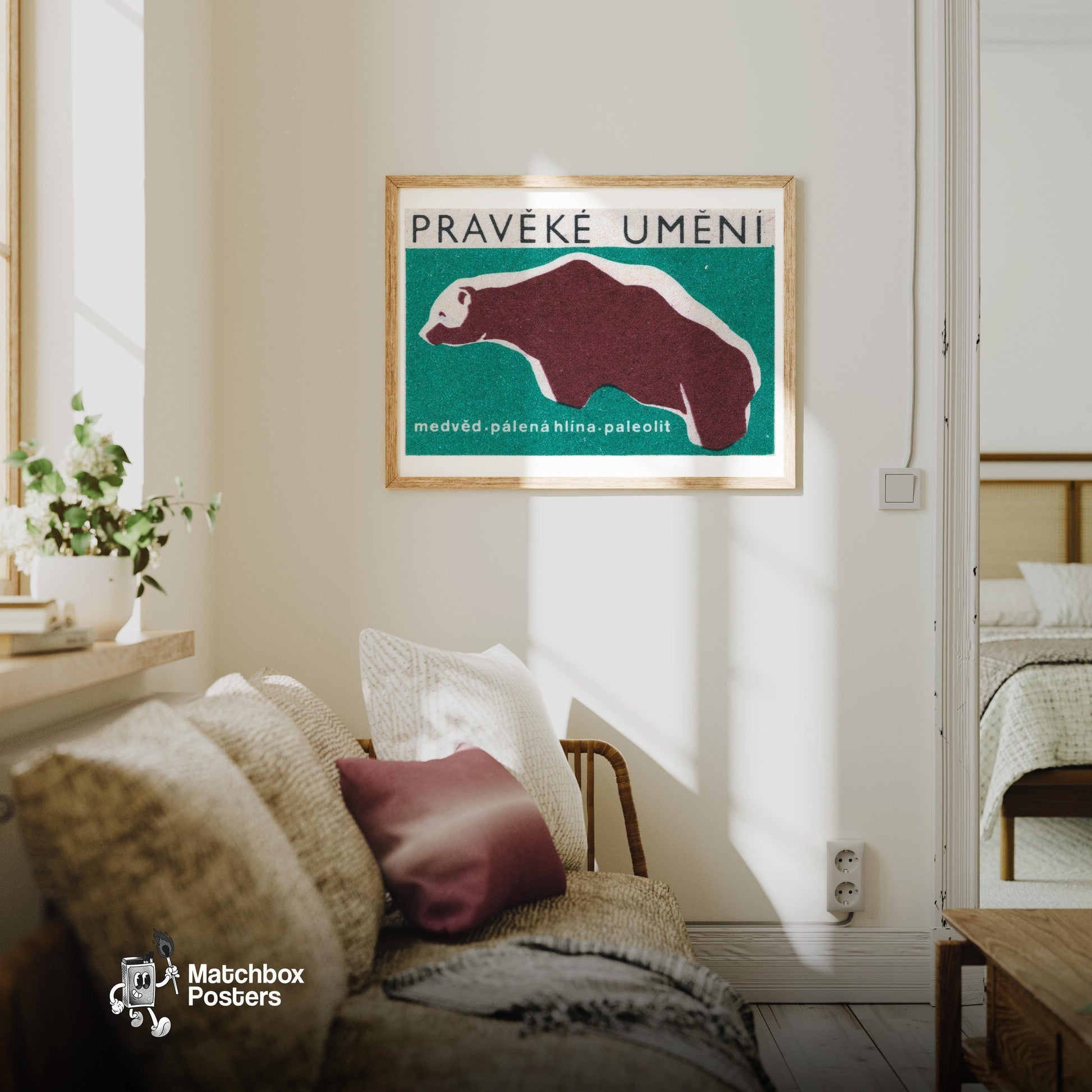 Bear - vintage matchbox label print - living room mockup