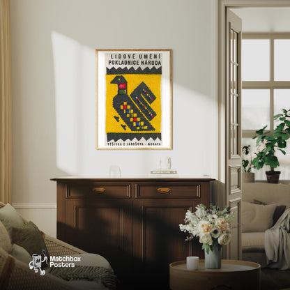 Geometric Pattern Resembling A Bird - vintage matchbox label print - living room mockup