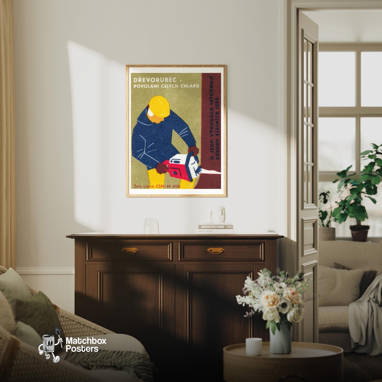 Lumberjack with Chainsaw - vintage matchbox label print - living room mockup