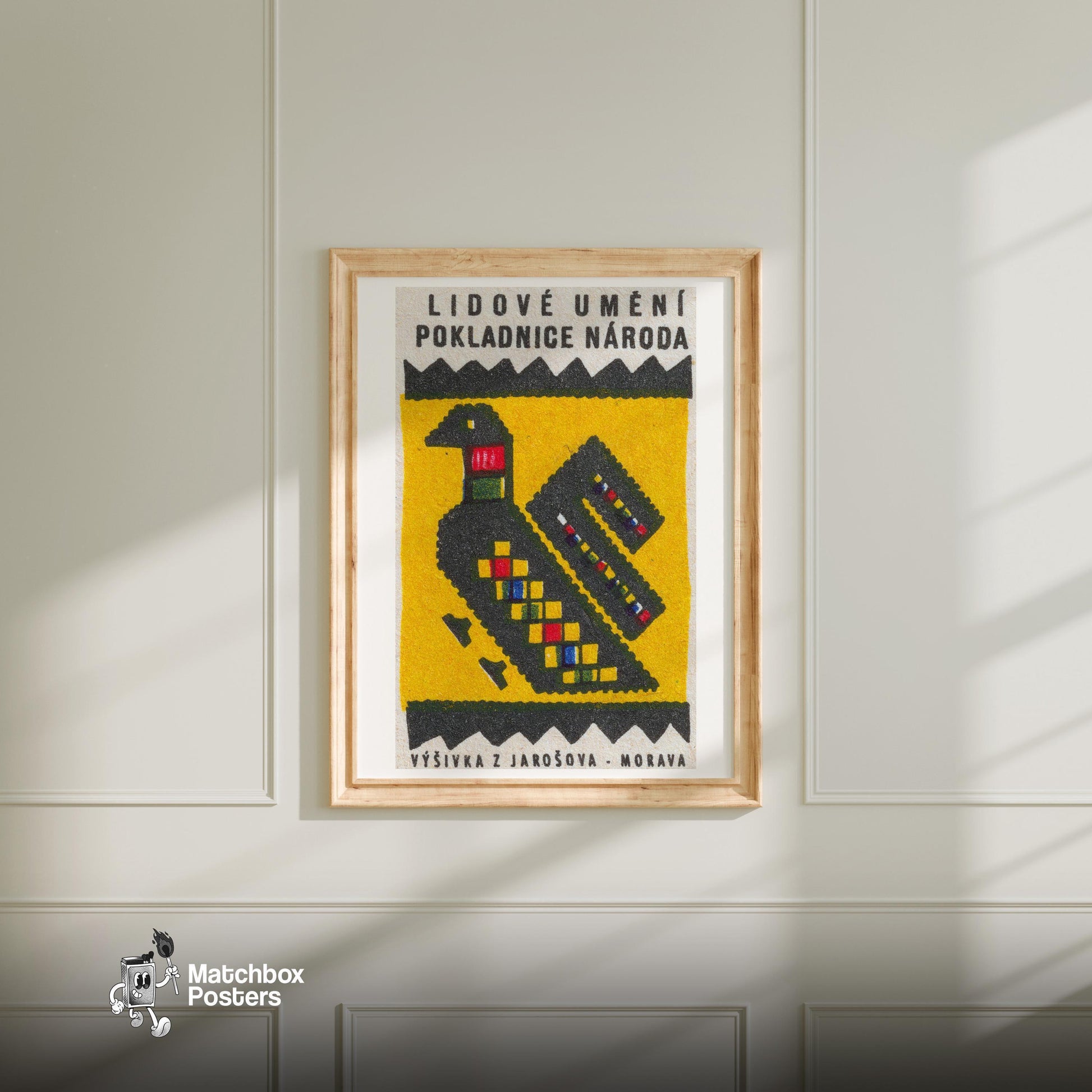 Geometric Pattern Resembling A Bird - vintage matchbox label print - bedroom mockup