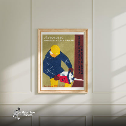 Lumberjack with Chainsaw - vintage matchbox label print - bedroom mockup
