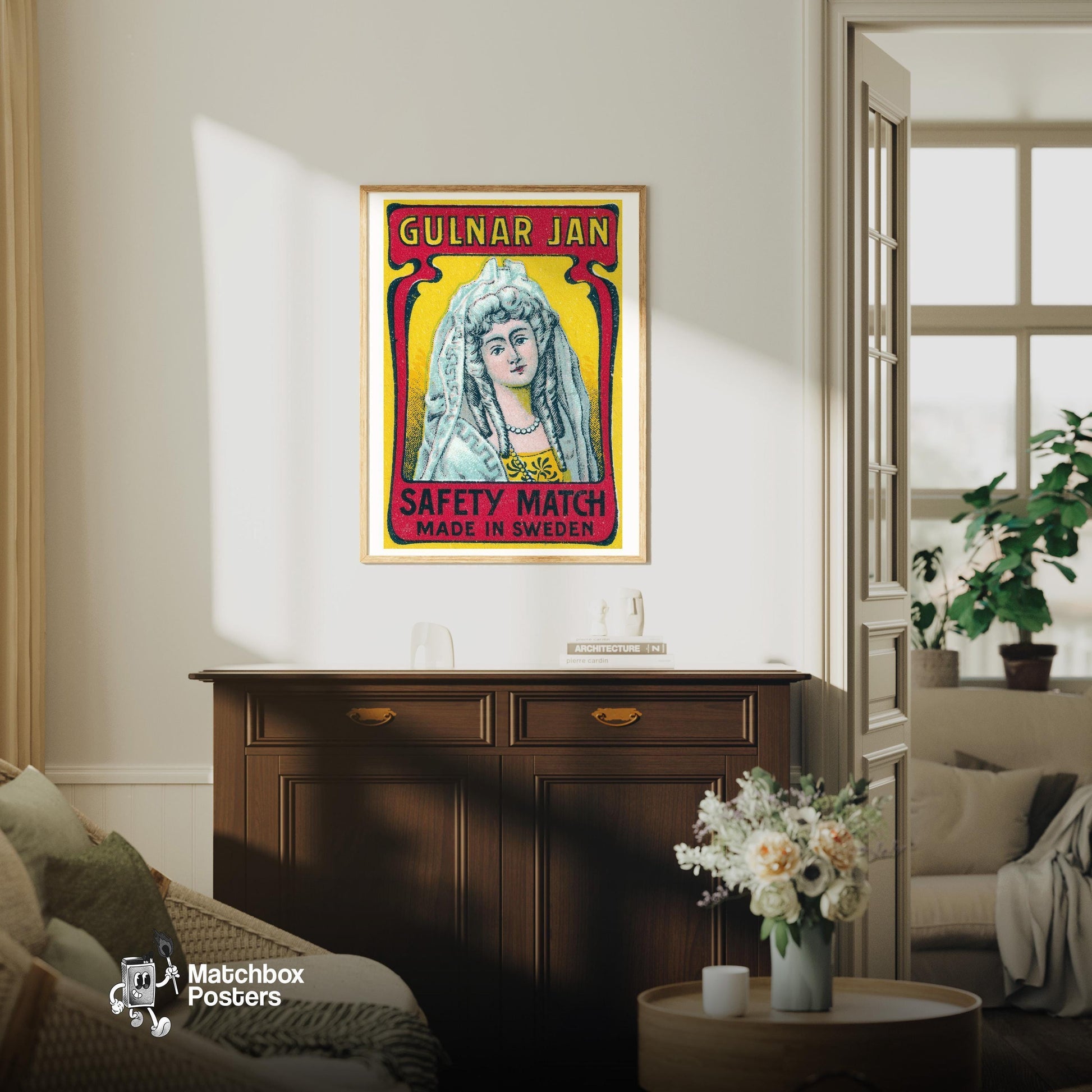 Woman in White Veil - vintage matchbox label print - living room mockup