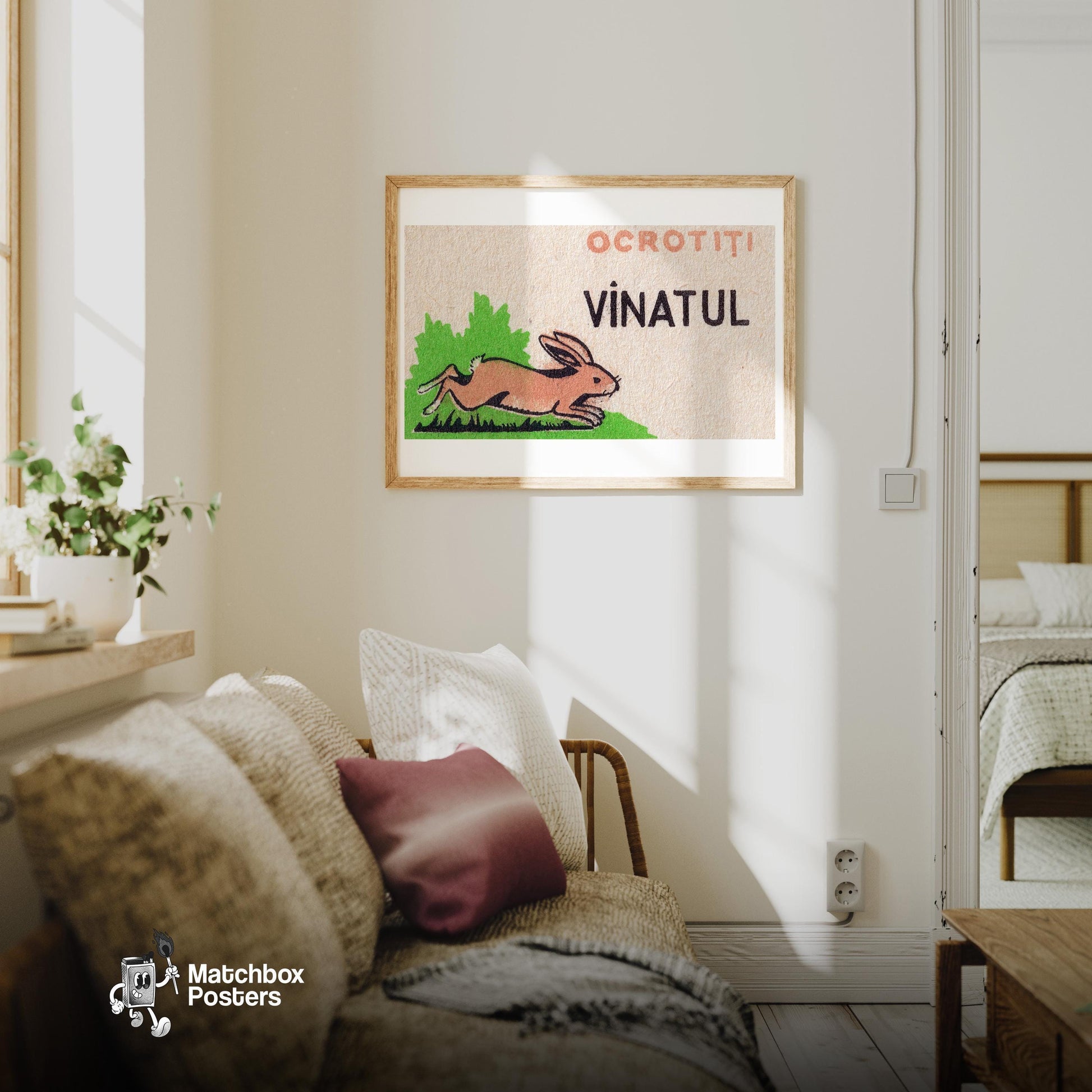 Leaping Hare - vintage matchbox label print - living room mockup