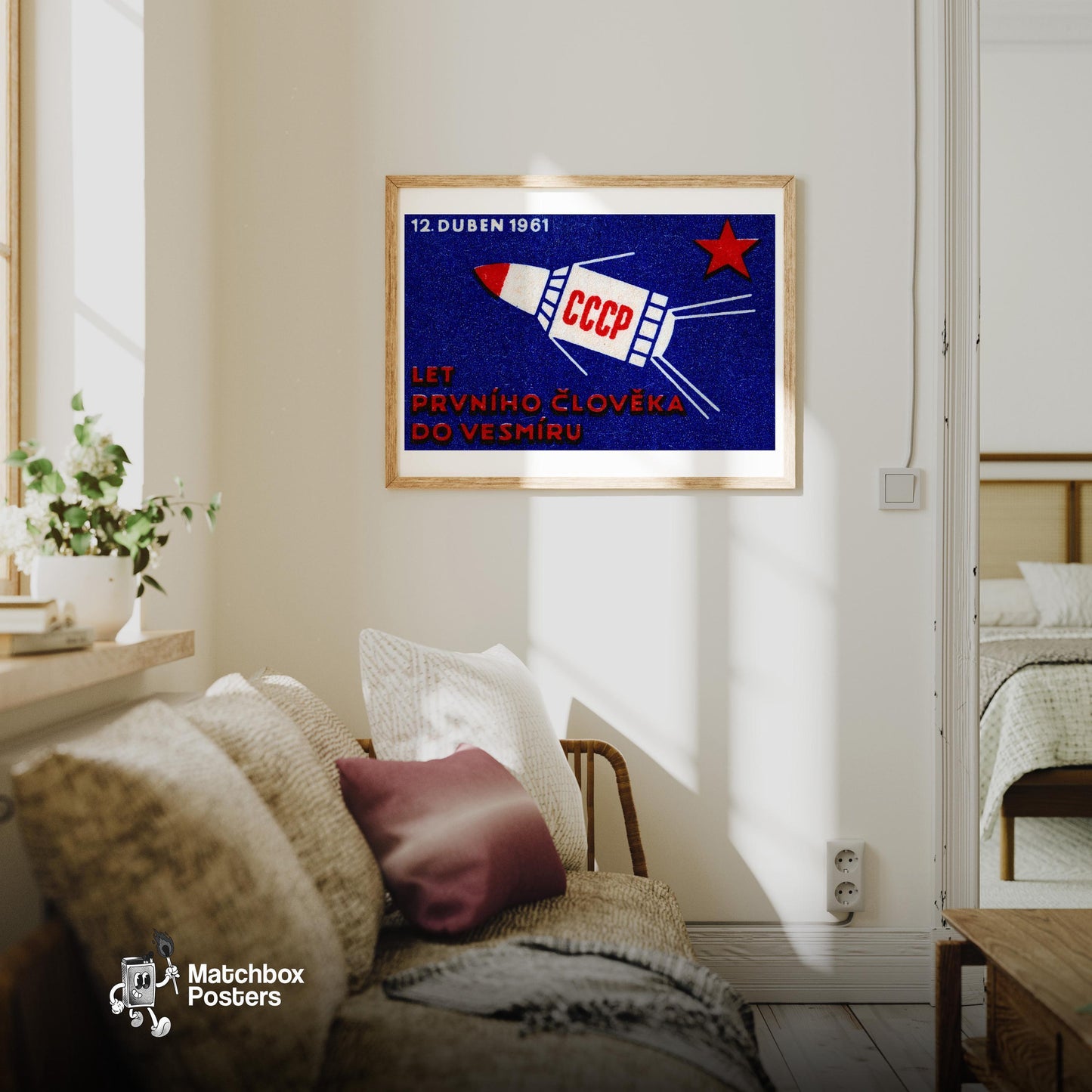 Soviet Spacecraft - vintage matchbox label print - living room mockup