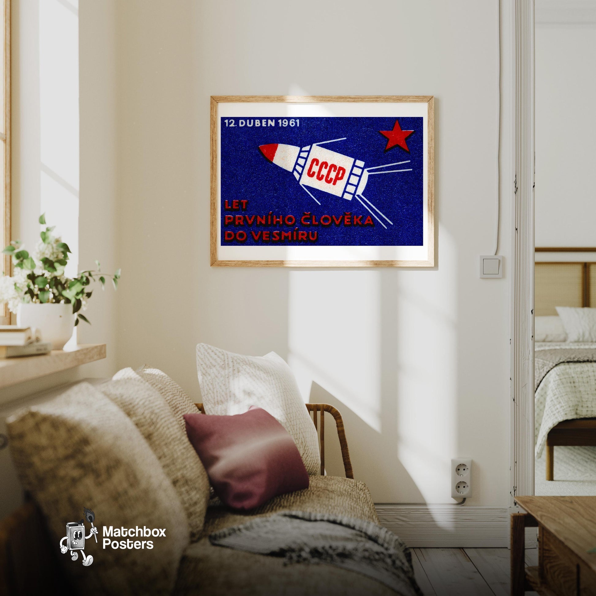 Soviet Spacecraft - vintage matchbox label print - living room mockup