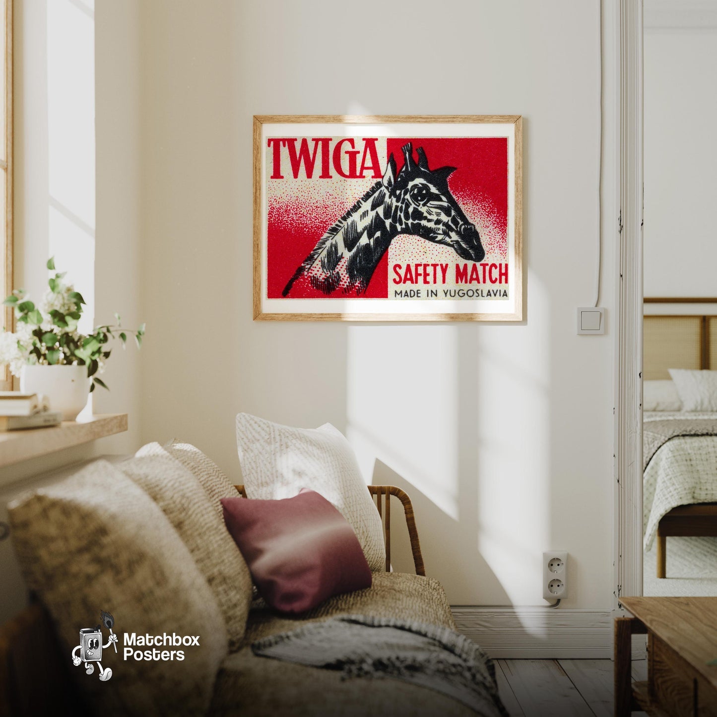 Giraffe Head - vintage matchbox label print - living room mockup