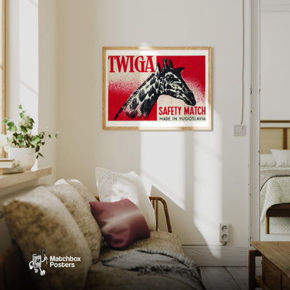 Giraffe Head - vintage matchbox label print - living room mockup