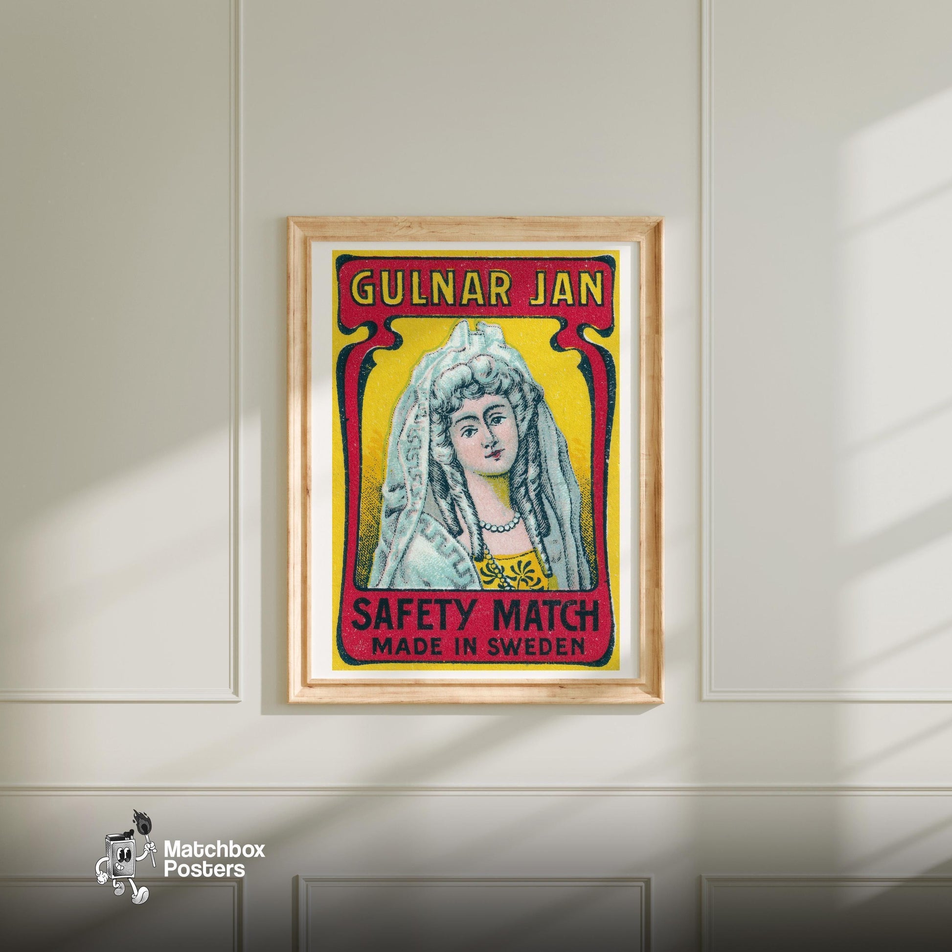 Woman in White Veil - vintage matchbox label print - bedroom mockup