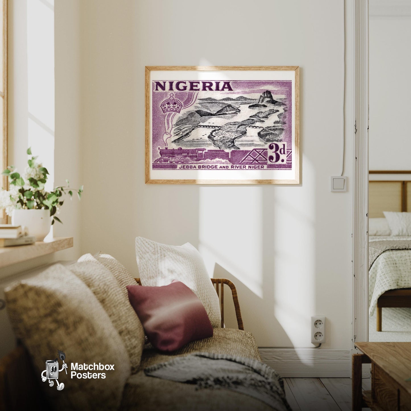 River Railway - vintage matchbox label print - living room mockup