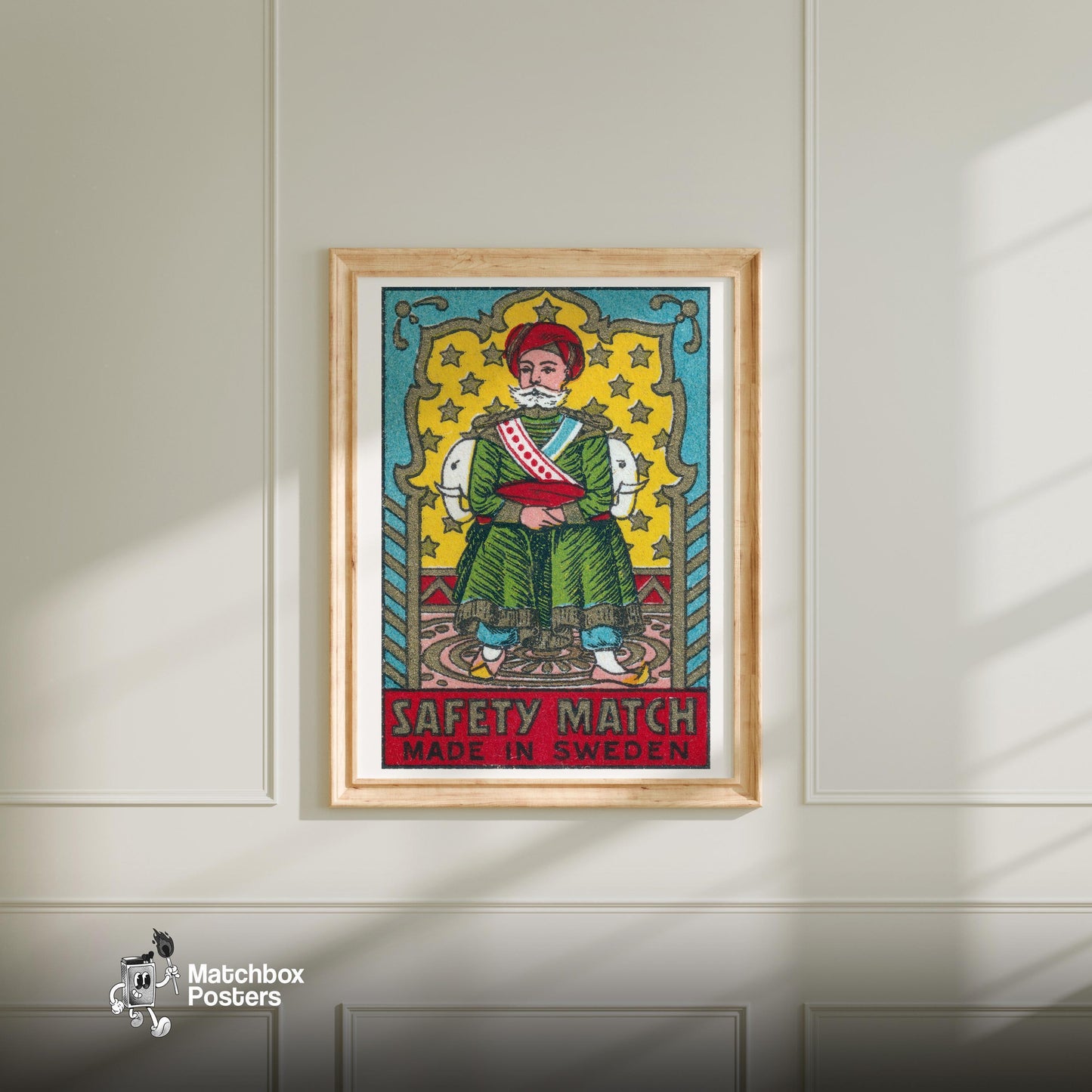 Maharaja with Elephants - vintage matchbox label print - bedroom mockup