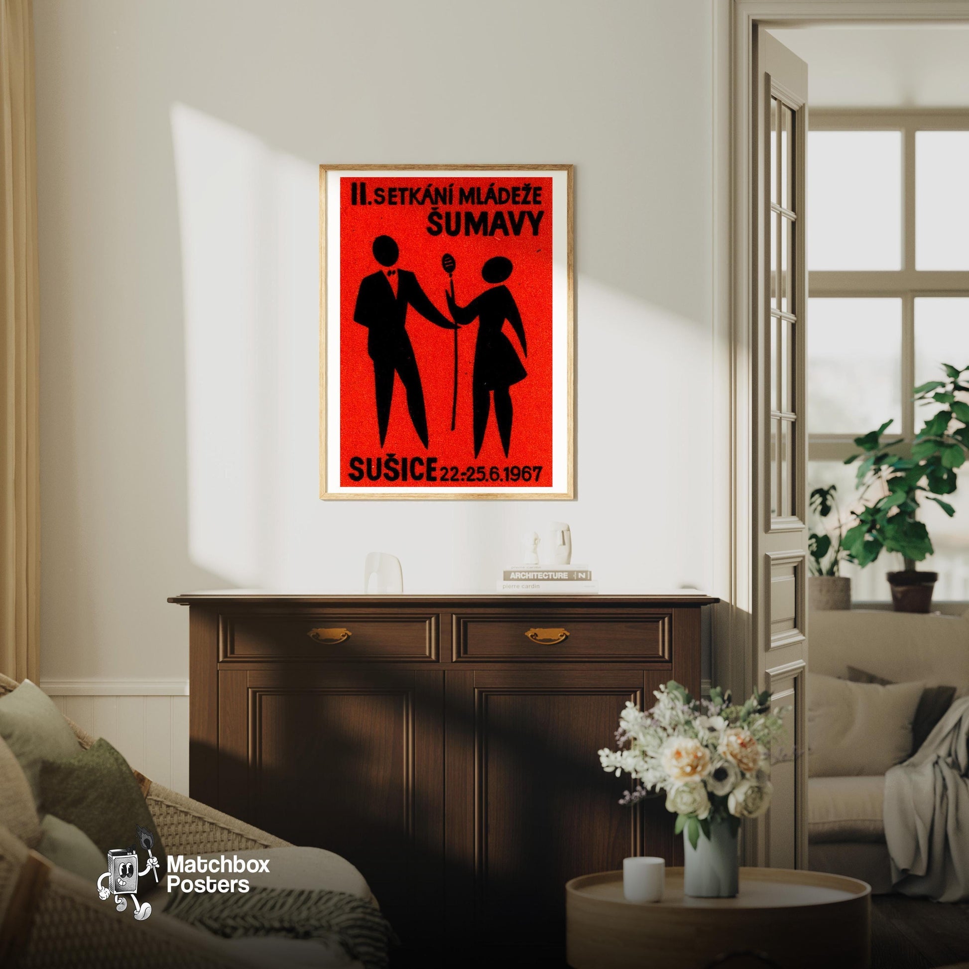Silhouette Of Two Figures - vintage matchbox label print - living room mockup