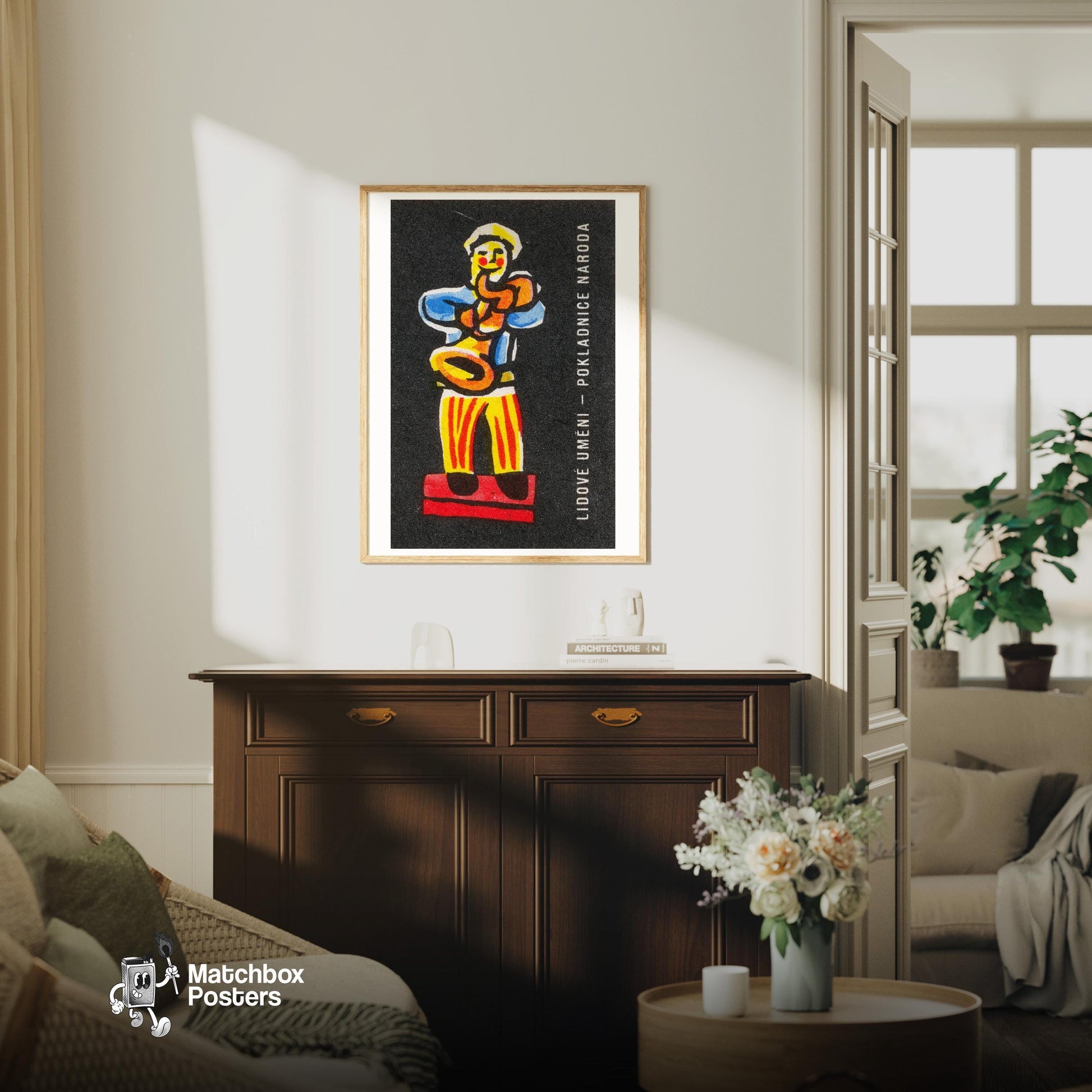 Man Playing Instrument - vintage matchbox label print - living room mockup