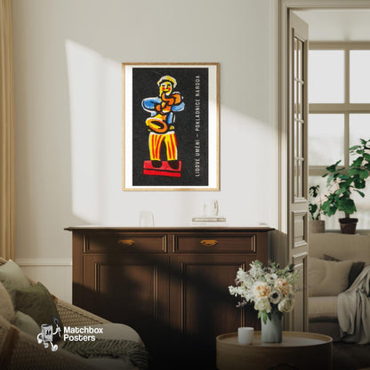 Man Playing Instrument - vintage matchbox label print - living room mockup