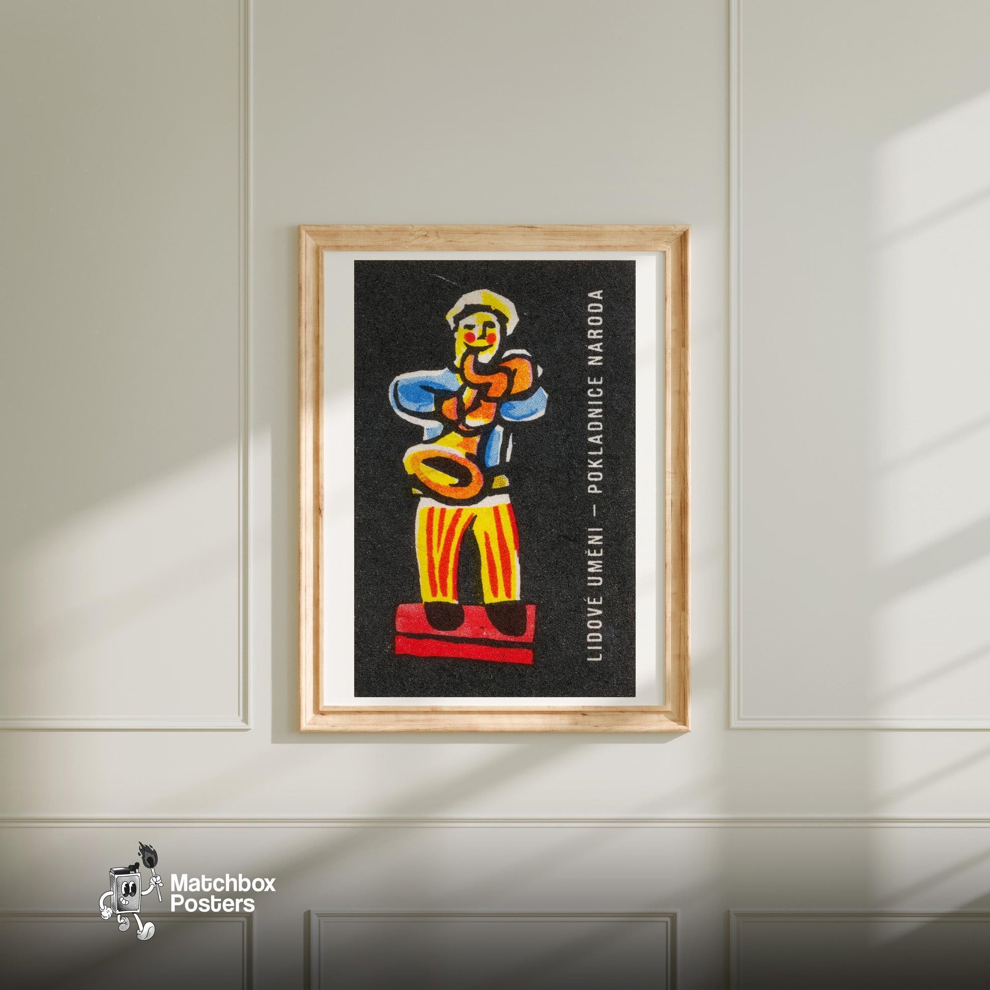 Man Playing Instrument - vintage matchbox label print - bedroom mockup