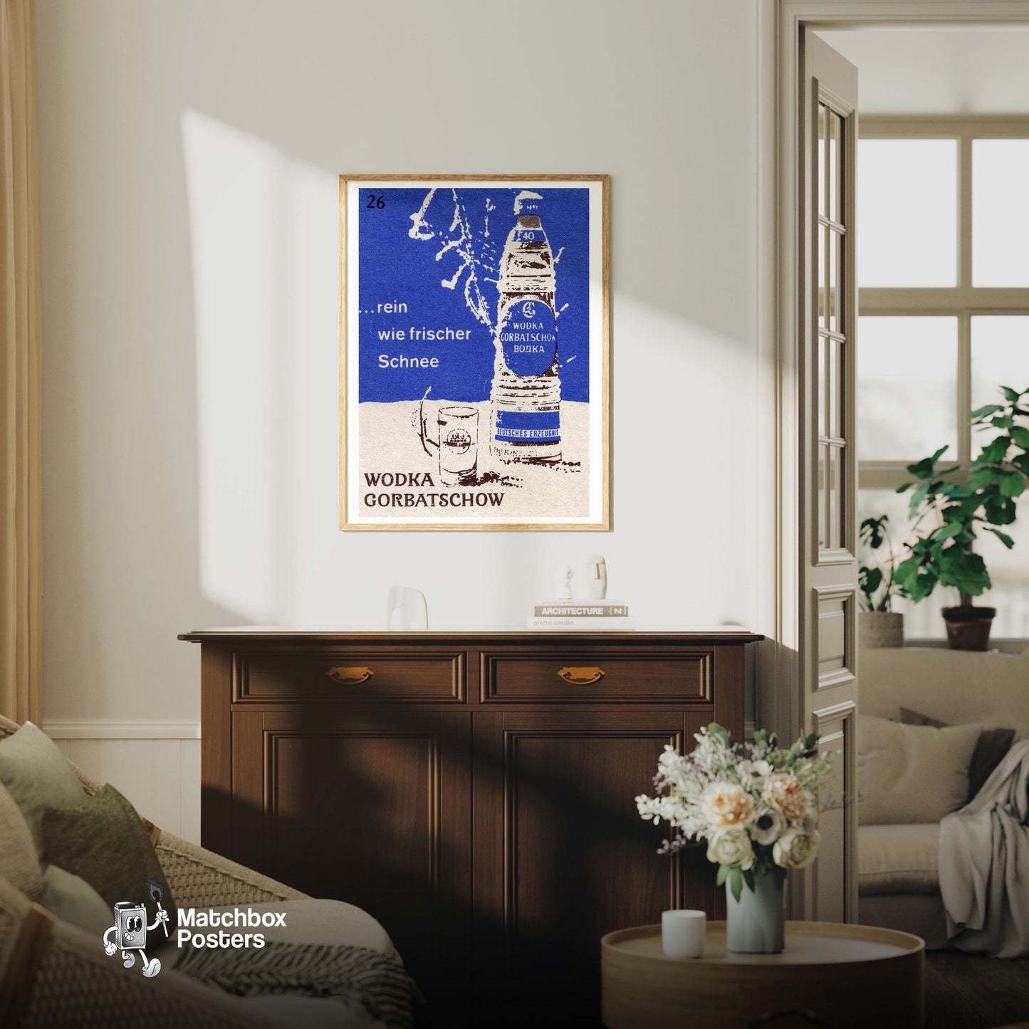 Snow Vodka Bottle - vintage matchbox label print - living room mockup